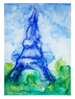 "Tour Eiffel", abstrakte Malerei von Katina Witte: Das Bild zeigt eine expressionistische Darstellung des Eiffelturms in Blau vor hellblauem Himmel auf grünem Boden.